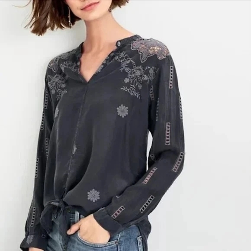 Johnny Was Charcoal Embroidered Blouse